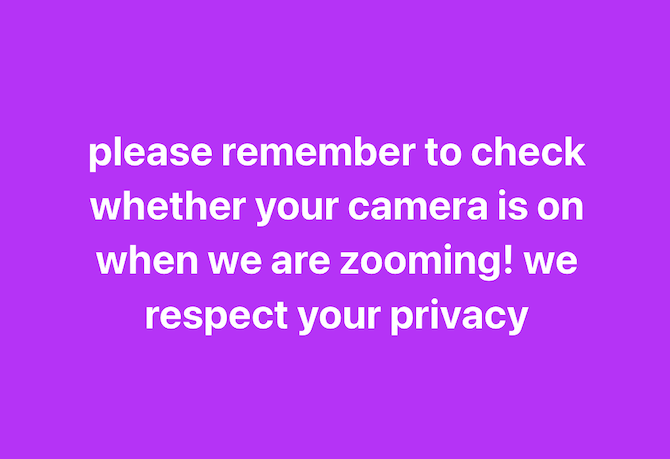please remember to check whether your camera is on when we are zooming! We respect your privacy