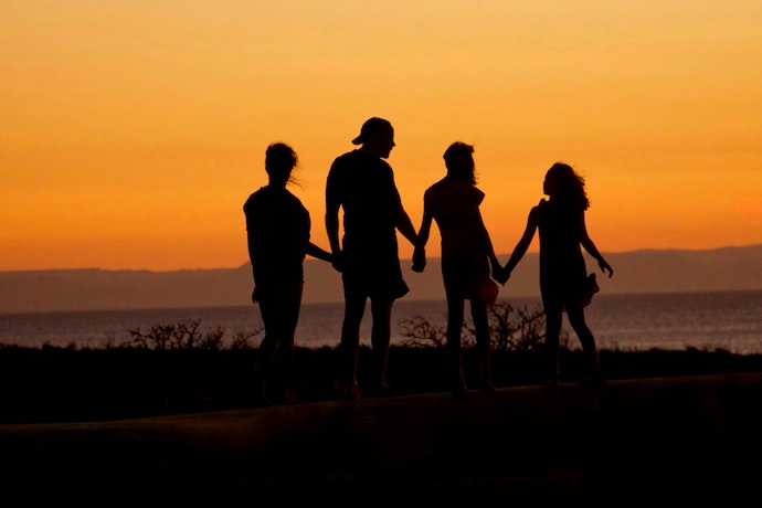 Family holding hands in the sunset
