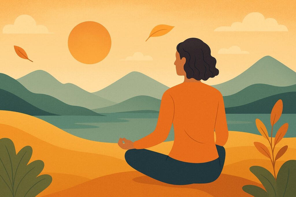 Drawn woman sitting at a lake meditating.
