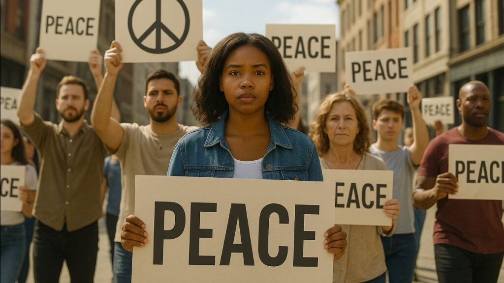 Protesters holding PEACE signs