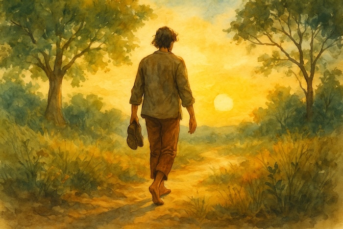 Man walking barefoot drawing