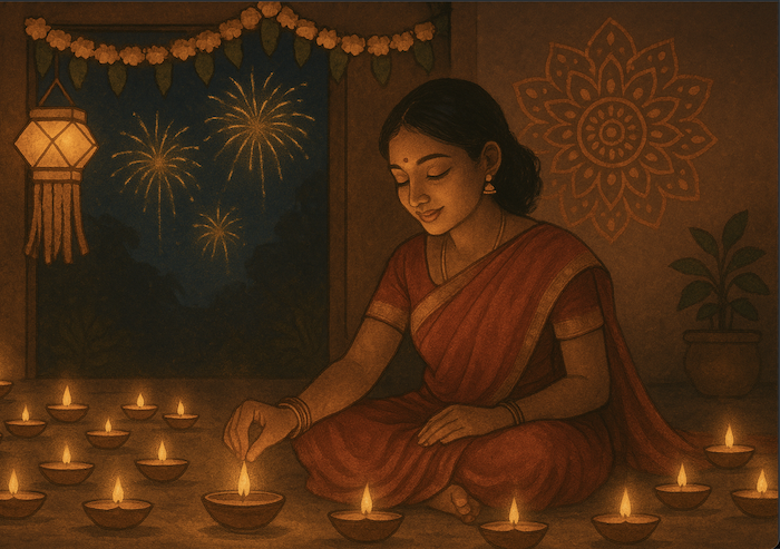 Indian woman sitting with candles