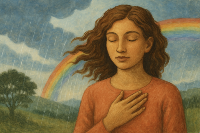 Girl standing in wind and rain (with dry hair) with a rainbow in the back