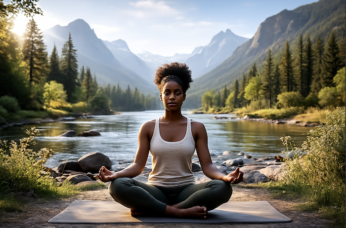 A woman doing yoga in front of a beautiful wild nature lake with some high mountains in the background