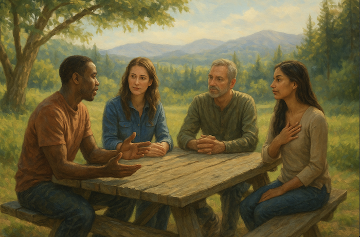 2 couples discussing something on a park bench