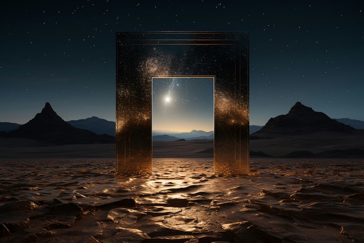 Fantasy Landscape with a door through space into the same landscape