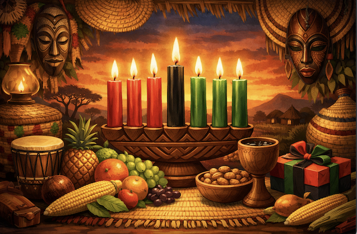 Filled table with 7 burning candles