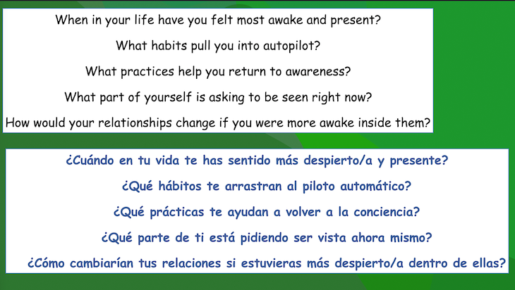 When in your life have you felt most awake and present?
What habits pull you into autopilot?
What practices help you return to awareness?
What part of yourself is asking to be seen right now?
How would your relationships change if you were more awake inside them?