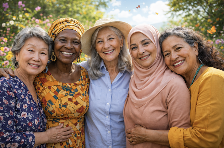 Older internacional women posing together.