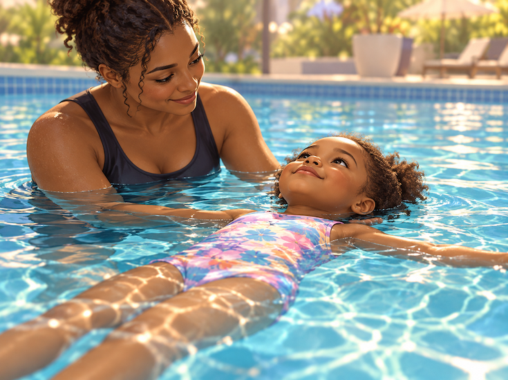 Mother teaches her daughter how to swim